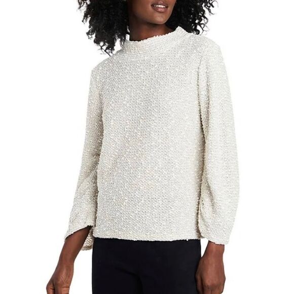 Vince Camuto Mock Neck Bell Sleeve Boucle Knit Sweater Beige Large - Picture 1 of 13